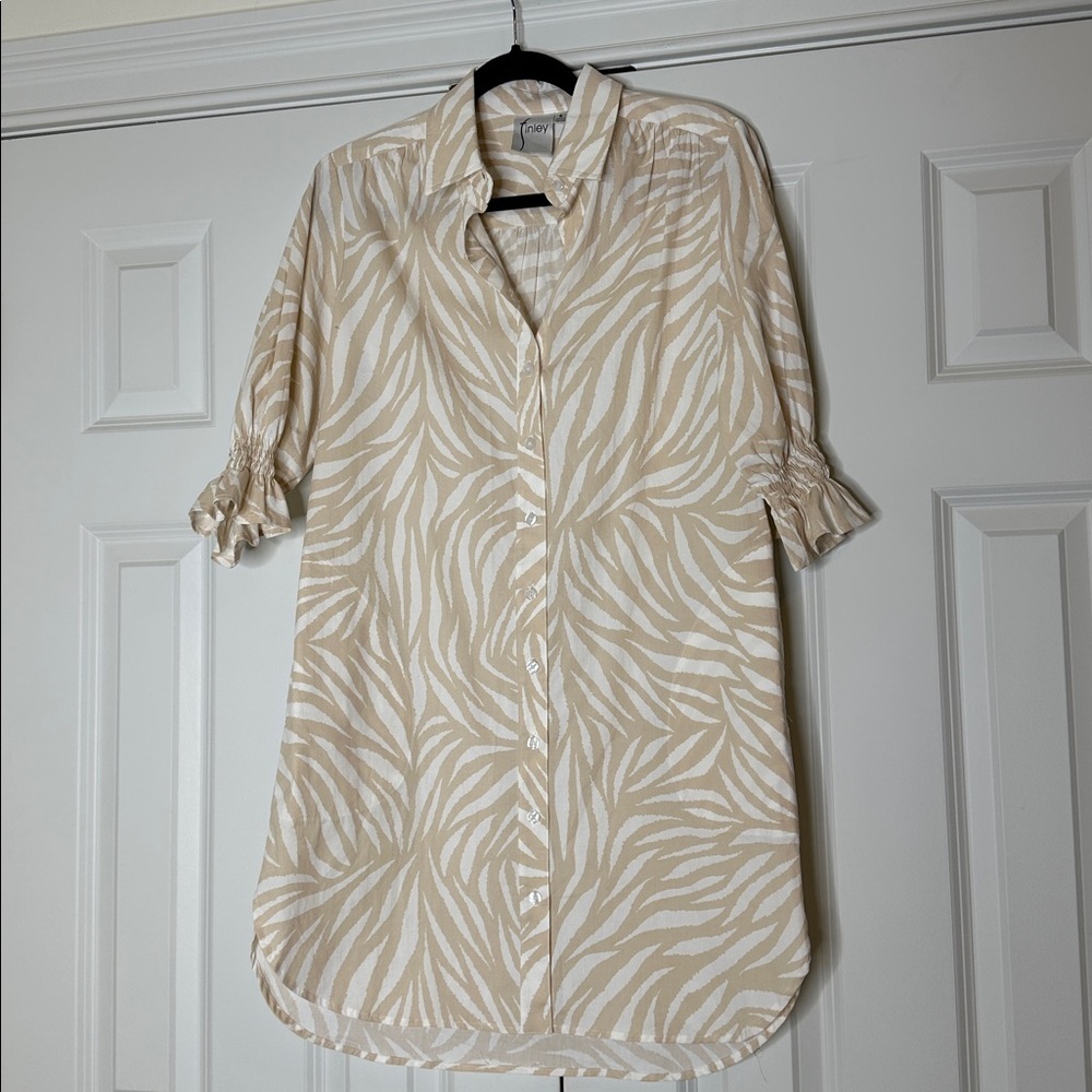 Finley Cream Miller Zebra Print Button-Up Shirt Dress, Size Small